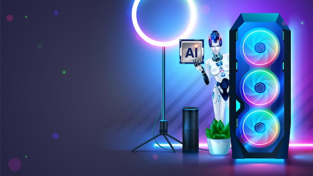 Gaming pc with AI chip Desktop gaming computer with neon light on desk GPU or CPU with AI or Artificial Intelligence chip Robot woman with AI chip in hand it looks out of computer system unit