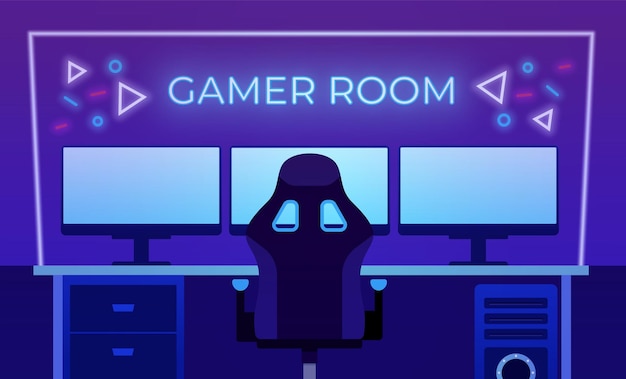 gaming room setup with neon lights and computer monitors
