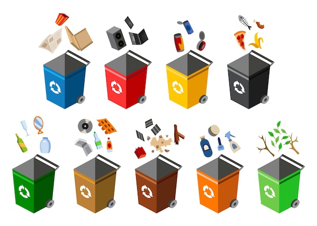 garbage cans for sorting. recycling elements. many garbage cans with sorted garbage. colored waste bins with trash. separation of waste on garbage cans. waste management concept.