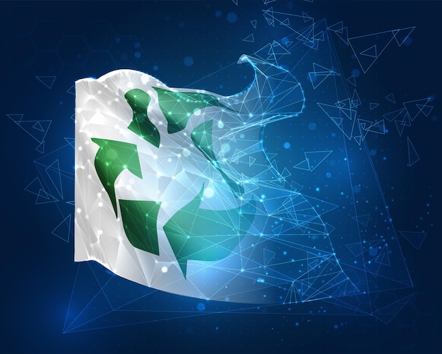 Garbage recycling vector flag virtual abstract 3D object from triangular polygons on a blue background