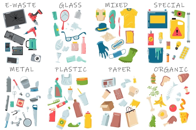 Garbage types set concept without people scene in the flat cartoon design Instructions for proper waste sorting Vector illustration
