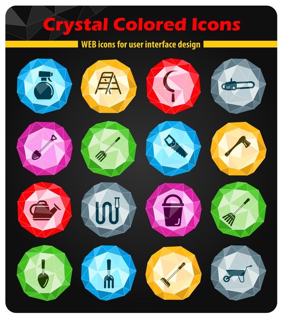 Garden tools bright colored crystals icons