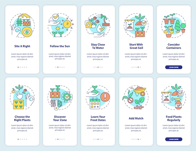 Gardening tips onboarding mobile app screen set