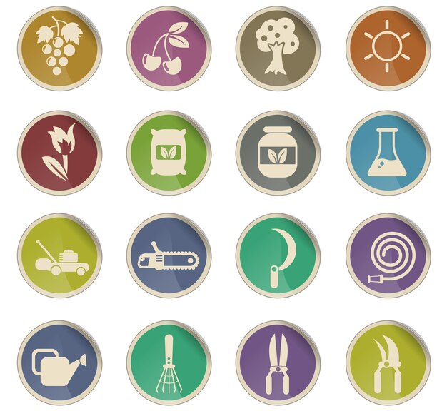 Gardening vector icons in the form of round paper labels