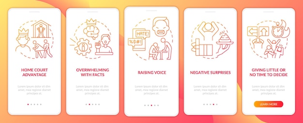 gaslighting red flags red gradient onboarding mobile app screen walkthrough 5 steps graphic instructions pages with linear concepts ui ux gui template myriad probold regular fonts used