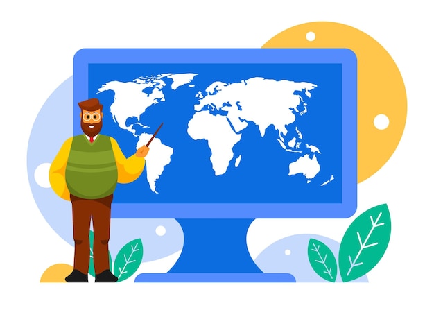 geography teacher male teacher in glasses stands with a pointer world map on computer display