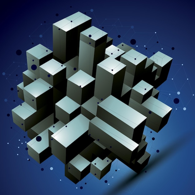 Geometric abstract 3D complicated lattice object, asymmetric element with wireframe structure.
