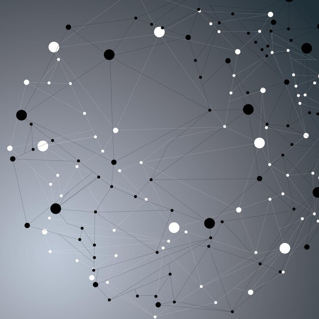 Geometric abstract 3D complicated lattice object over dark background, single color asymmetric element with wireframe structure and connected black and white lines.
