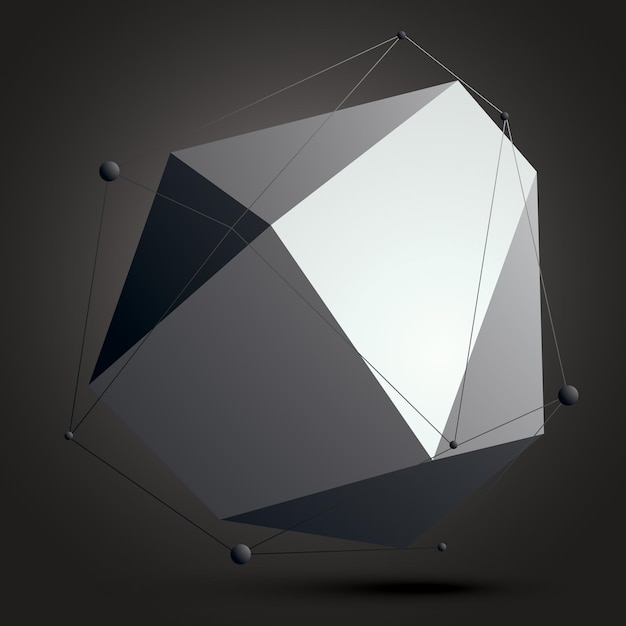 Geometric abstract 3D complicated lattice object over dark background, single color asymmetric element with wireframe structure and connected black and white lines.