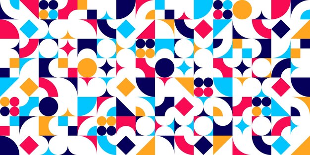 Geometric abstract seamless pattern with colorful simple elements of geometry wallpaper background in retro 70s style Bauhaus constructive style tiles