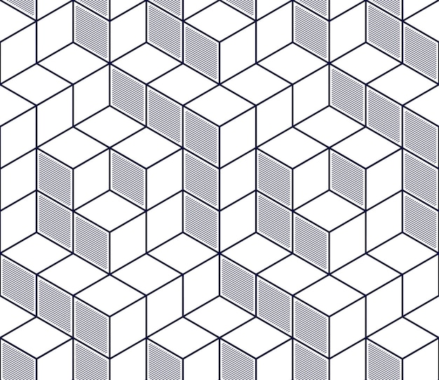 geometric cubes abstract seamless pattern, 3d vector background. technology style engineering line drawing endless illustration. single color, black and white. usable for fabric, wallpaper, wrapping,