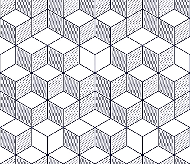 geometric cubes abstract seamless pattern, 3d vector background. technology style engineering line drawing endless illustration. single color, black and white. usable for fabric, wallpaper, wrapping,