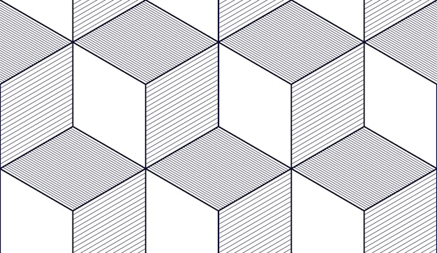 Geometric cubes abstract seamless pattern, 3d vector background. Technology style engineering line drawing endless illustration. Single color, black and white. Usable for fabric, wallpaper, wrapping,
