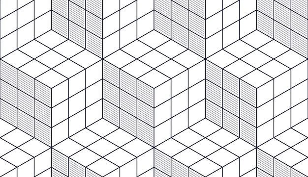 geometric cubes abstract seamless pattern, 3d vector background. technology style engineering line drawing endless illustration. single color, black and white. usable for fabric, wallpaper, wrapping,