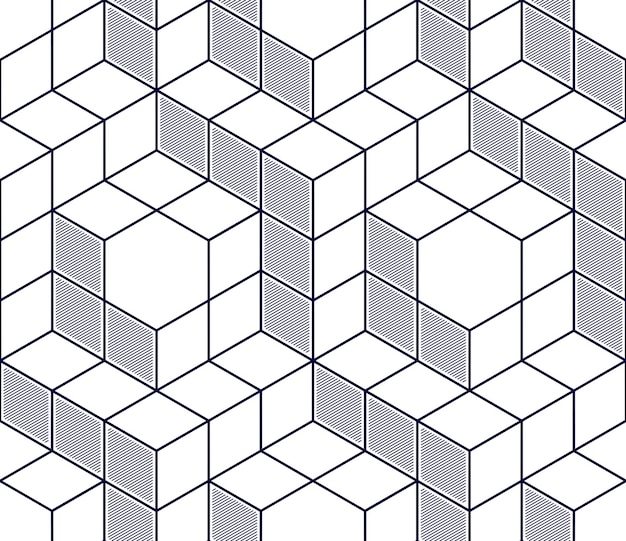 geometric cubes abstract seamless pattern, 3d vector background. technology style engineering line drawing endless illustration. single color, black and white. usable for fabric, wallpaper, wrapping,