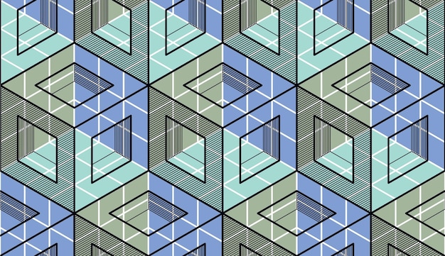 Geometric cubes abstract seamless pattern, 3d vector background. Technology style engineering line drawing endless illustration. Usable for fabric, wallpaper, wrapping, web and print.