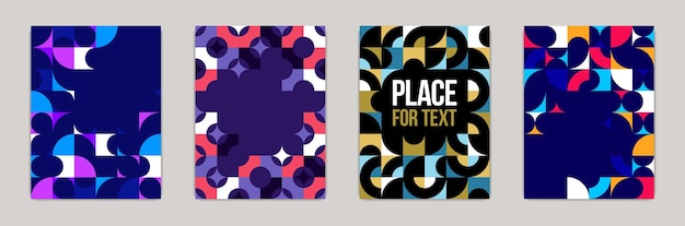 Geometric design covers vector set colorful modular constructor design backgrounds flyer templates in retro 70s style art pattern square and circle shapes