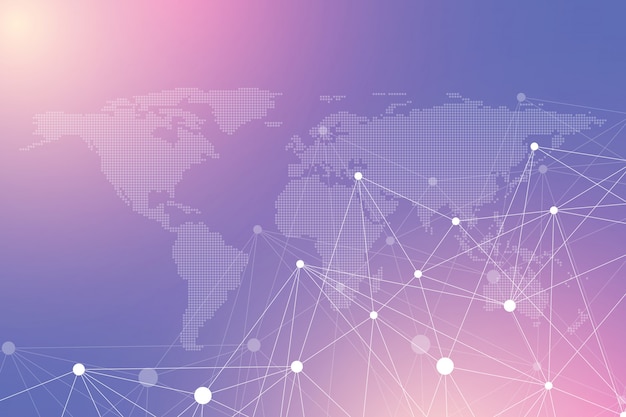 Geometric graphic background communication with dotted World Map. Big data complex. Particle compounds. Network connection, lines plexus. Minimalistic chaotic design,   illustration.