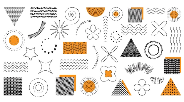 Geometric shape design Abstract line elements circle Memphis figures modern geometry dots lines and circles and squares shapes collection Minimal contemporary graphic patterns vector set