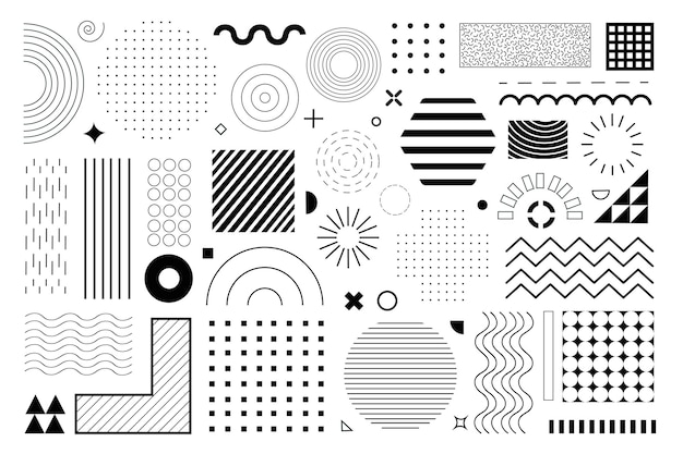 geometric shapes mega set elements in flat graphic design bundle objects of circles squares triangles hexagons with halftone dots and lines pattern waves and curve lines vector illustration