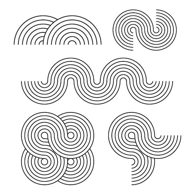 Geometric stripy design line art shapes set Vector flat illustration