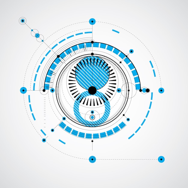 Geometric technology vector drawing, blue technical wallpaper. Abstract scheme of engine or engineering mechanism.