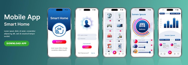 Giao diện mẫu ứng dụng nhà thông minh bóng bẩy với các biểu tượng hiện đại và thiết kế gradient. Bao gồm các menu điều hướng để quản lý thiết bị, theo dõi bảo mật, kiểm soát nhiệt độ