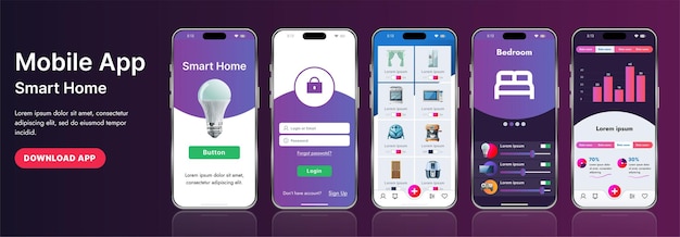 Giao diện mẫu ứng dụng nhà thông minh bóng bẩy với các biểu tượng hiện đại và thiết kế gradient. Bao gồm các menu điều hướng để quản lý thiết bị, theo dõi bảo mật, kiểm soát nhiệt độ