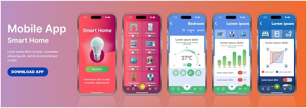 Giao diện mẫu ứng dụng nhà thông minh bóng bẩy với các biểu tượng hiện đại và thiết kế gradient. Bao gồm các menu điều hướng để quản lý thiết bị, theo dõi bảo mật, kiểm soát nhiệt độ
