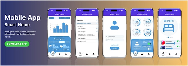 Giao diện mẫu ứng dụng nhà thông minh bóng bẩy với các biểu tượng hiện đại và thiết kế gradient. Bao gồm các menu điều hướng để quản lý thiết bị, theo dõi bảo mật, kiểm soát nhiệt độ