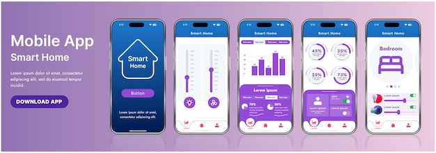 Giao diện mẫu ứng dụng nhà thông minh bóng bẩy với các biểu tượng hiện đại và thiết kế gradient. Bao gồm các menu điều hướng để quản lý thiết bị, theo dõi bảo mật, kiểm soát nhiệt độ