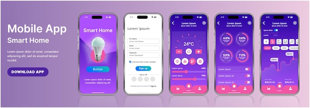 Giao diện mẫu ứng dụng nhà thông minh bóng bẩy với các biểu tượng hiện đại và thiết kế gradient. Bao gồm các menu điều hướng để quản lý thiết bị, theo dõi bảo mật, kiểm soát nhiệt độ