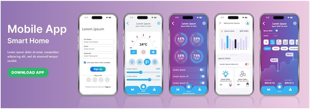 Giao diện mẫu ứng dụng nhà thông minh bóng bẩy với các biểu tượng hiện đại và thiết kế gradient. Bao gồm các menu điều hướng để quản lý thiết bị, theo dõi bảo mật, kiểm soát nhiệt độ