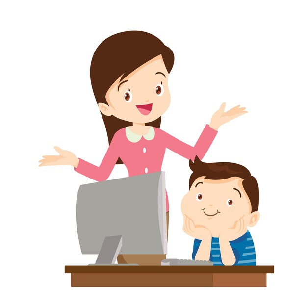 giáo viên và học sinh vui vẻ học máy tính