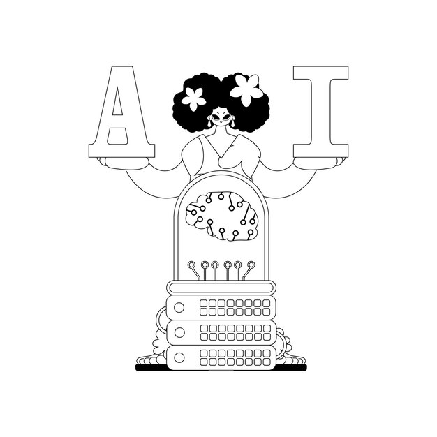Girl and AI server in linear style illustration about artificial intelligence