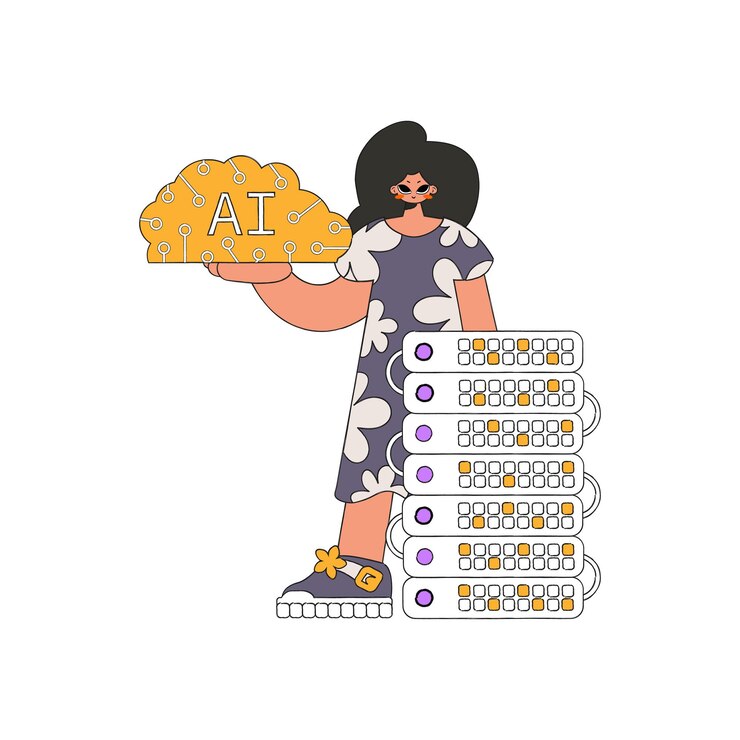 Vector girl grasping ai brain, vector art.