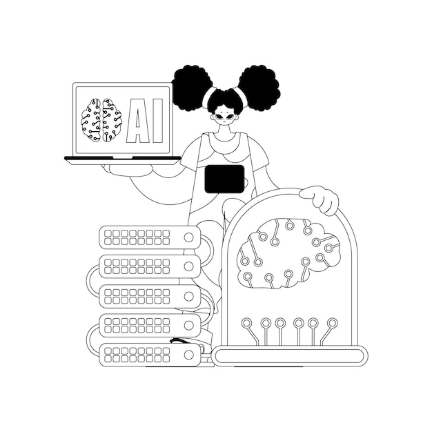 Girl holds AI model in her hands vector illustration