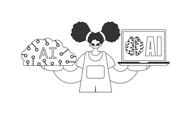Girl holds AI model vector illustration style