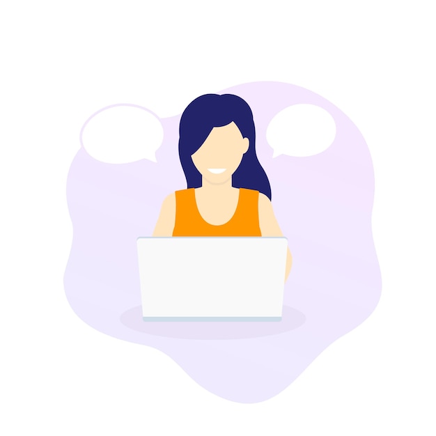 Girl working with laptop, vector
