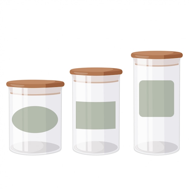 glass jars with airtight seal wood lids and blank labels.
