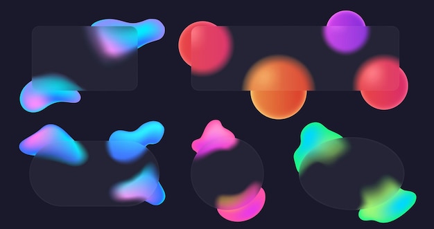 Glassmorphism frames Translucent glass panels with colorful fluid shape gradient and blurry overlay effect Semi transparent backgrounds with fluid design elements vector set