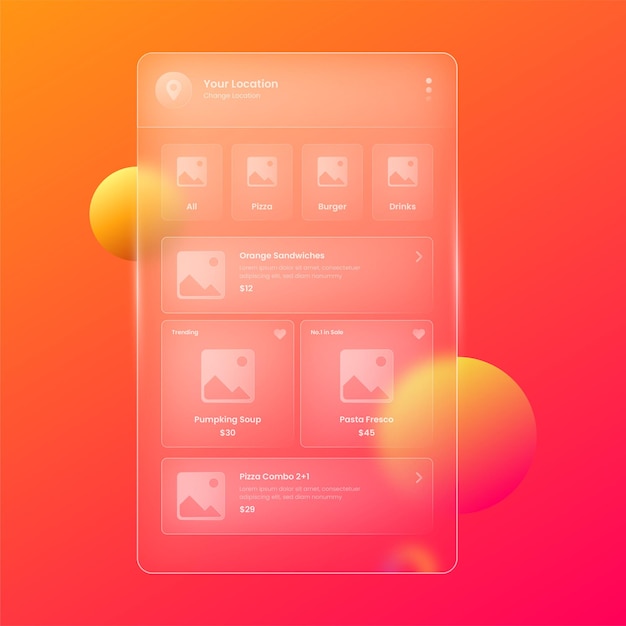 Glassmorphism style food app ui ux Glassmorphic online food app interface template