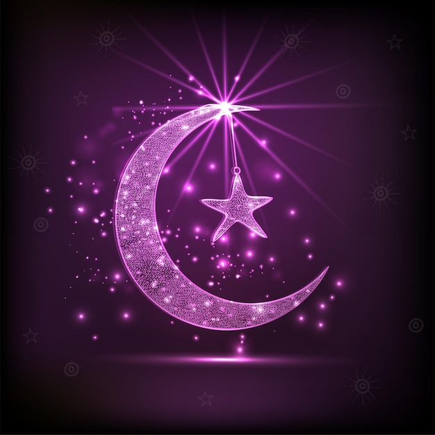 Glittering Crescent Moon With Stars On Purple Lights Effect Background For Islamic Festival Concept