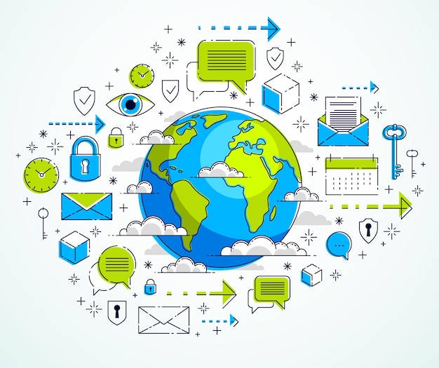 Global communication concept, planet earth with different icons set, internet activity, big data, global network connection, vector, elements can be used separately.