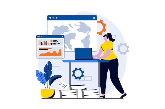 global economic concept with people scene in flat cartoon design businesswoman successfully develops international business and develops investment strategy vector illustration visual story for web
