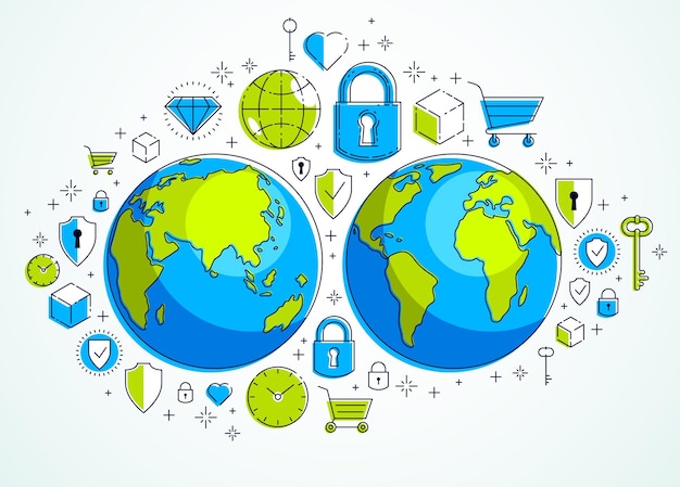Global internet connection concept, planet earth with different icons set, internet activity, big data, global communication, vector, elements can be used separately.