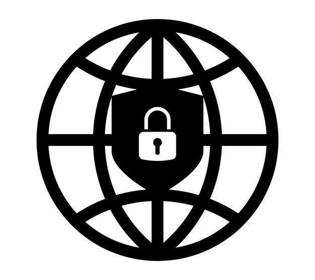 Global internet security icon with shield and padlock Symbol of online protection data privacy cybersecurity safe network and digital encryption Vector illustration for technology and web design