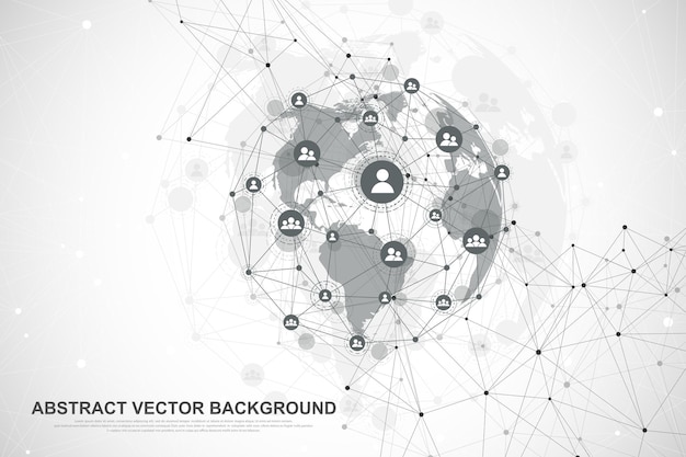 Global network connection concept. Big data visualization. Social network communication in the global computer networks. Internet technology. Business. Science. Vector illustration.