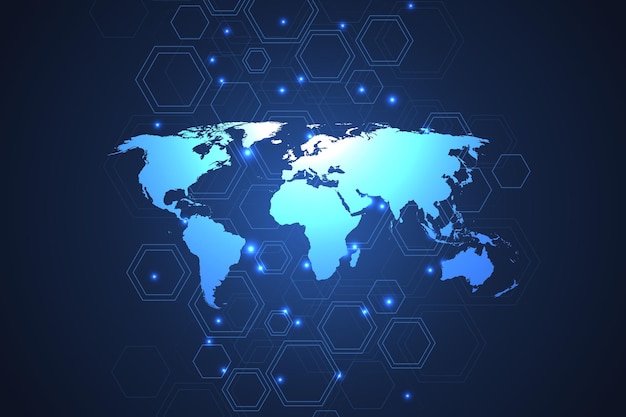 Global network connections with dynamic points and lines. Internet connection background with world map. Abstract connection structure. Polygonal space background. Vector illustration.