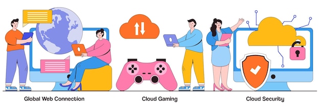Global web connection, cloud gaming and security concept with tiny people. Cyber security engineering vector illustration set. Network communication, internet, video streaming online metaphor.
